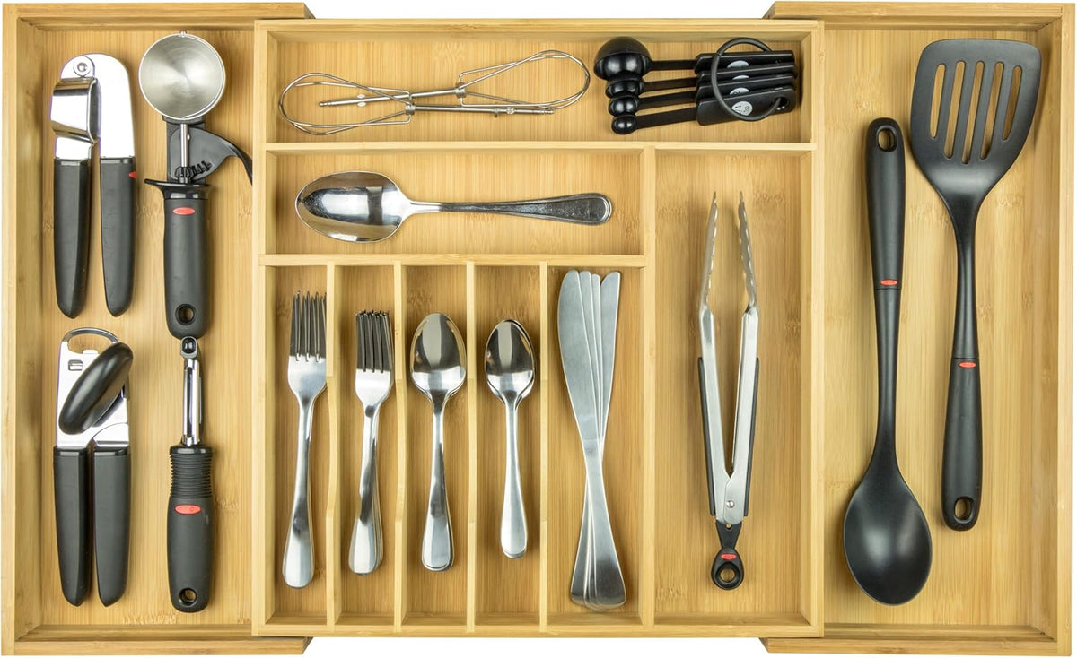 Expandable 28 Inch Bamboo Utensil Organizer, 10 Compartments, Pack of 2 X24642