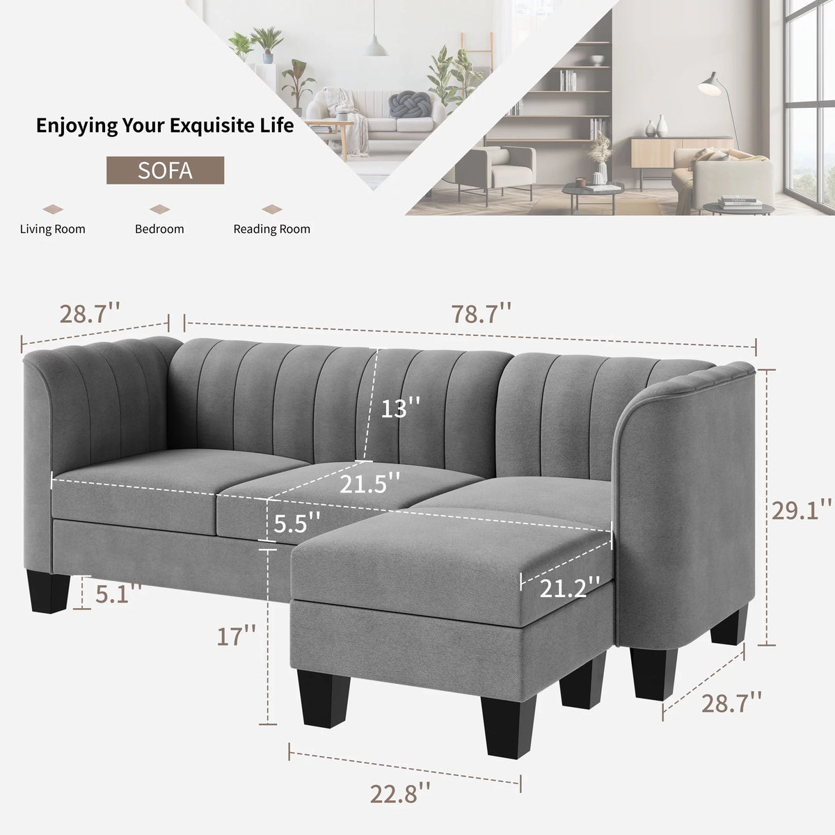Black L Shaped Linen Fabric Sectional Sofa K34451