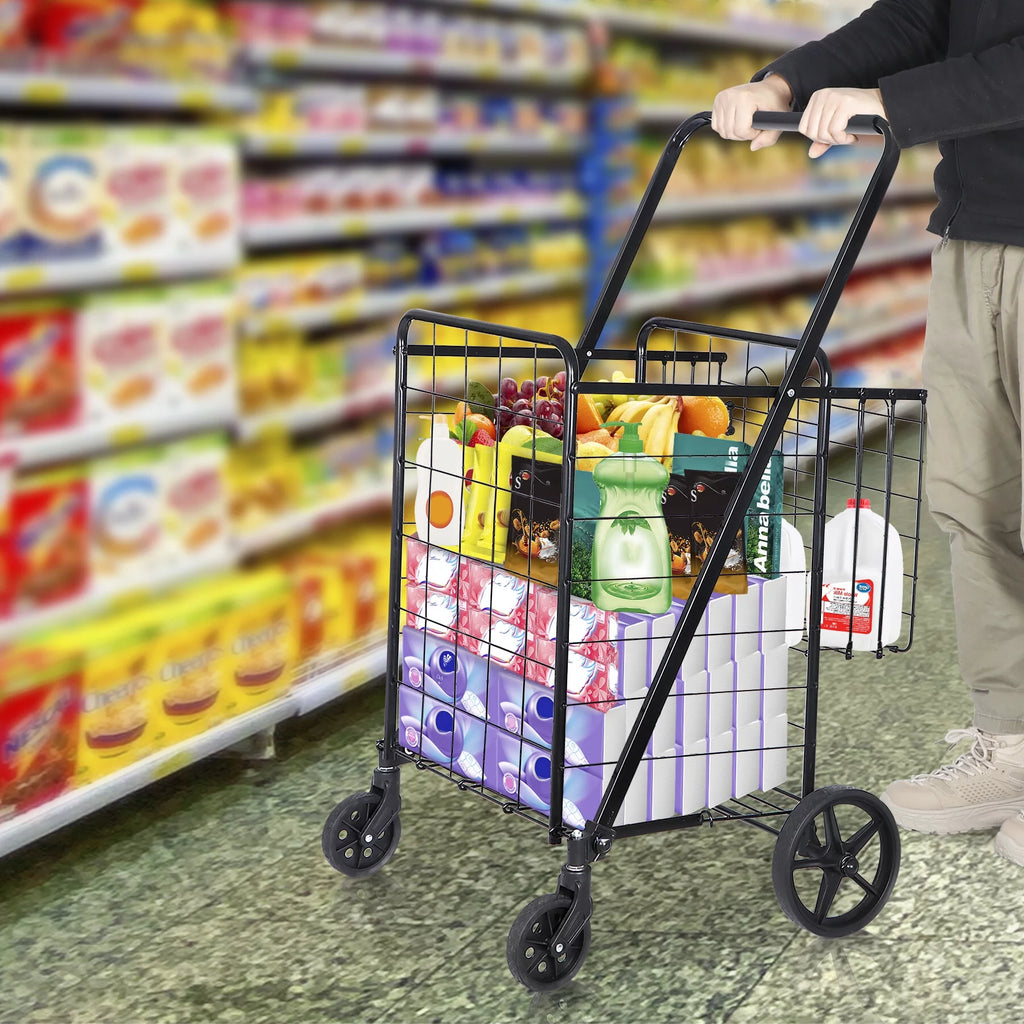 Black Folding Utility Shopping Cart with Double Basket and Wheels S24030