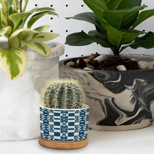 Blue and White Ceramic Planters with Drainage Holes and Saucers Q533298