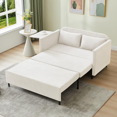 3-in-1 Sleeper Sofa Bed, 51'' Convertible Folding Couch with Pullout Bed, Chenille Futon Sleeper Sofa with Side Table and 2 Pillows, Grey F321044