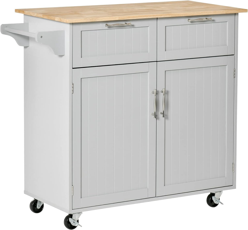 Grey Rolling Kitchen Island with Rubberwood Top Y77645