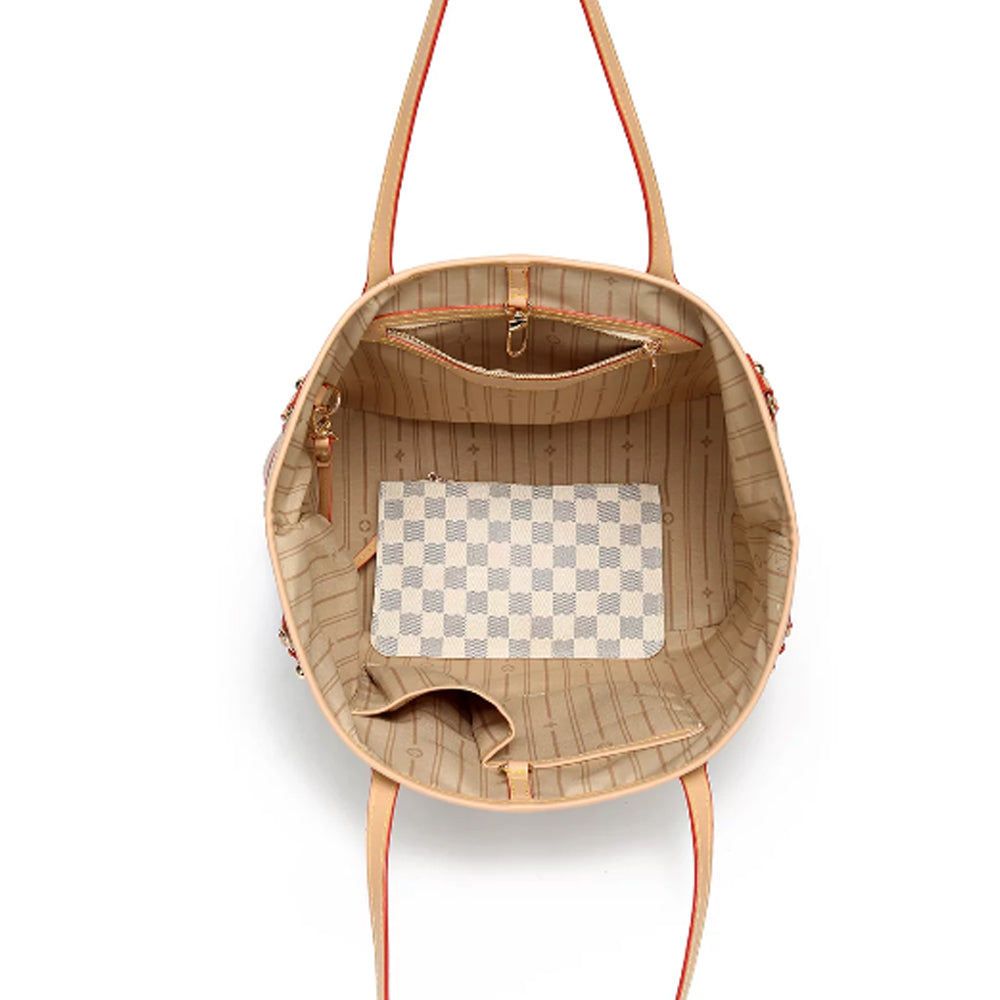 Checkered PU Leather Tote Bag with Inner Pouch K54501
