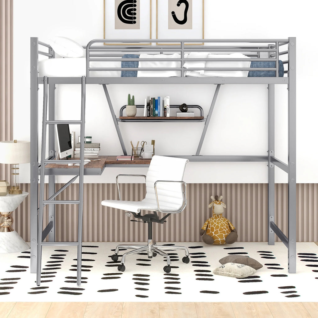 Twin Size Metal Loft Bed with Desk and Storage Shelf W384