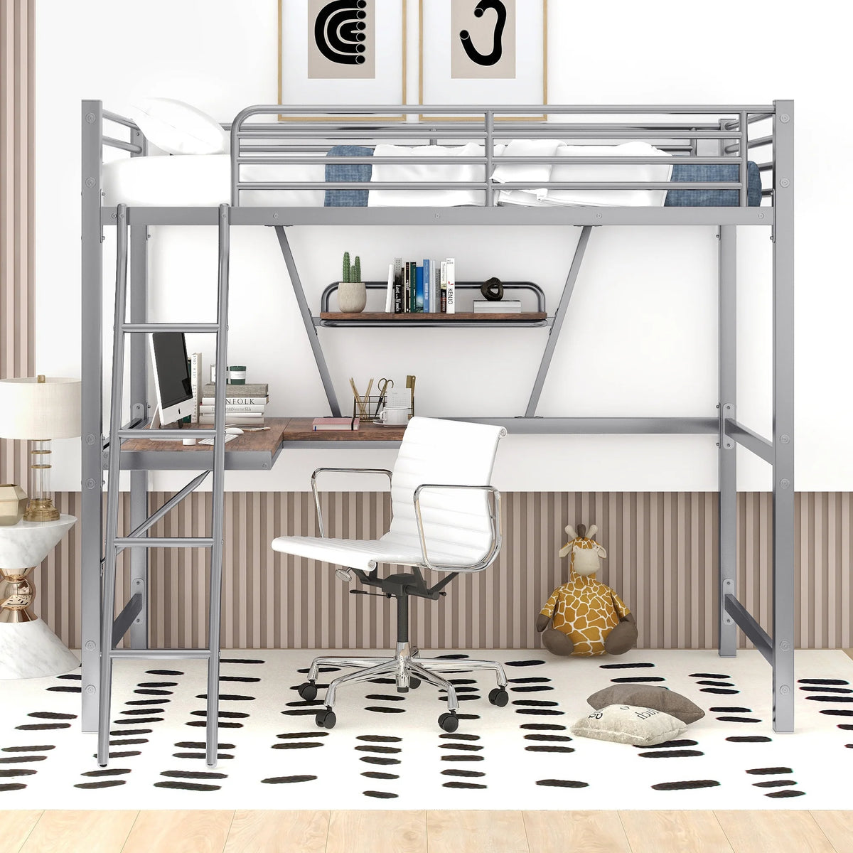 Twin Size Metal Loft Bed with Desk and Storage Shelf W384