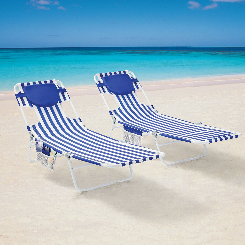 Blue & White Stripe Folding Beach Lounger 2-Pack O36174