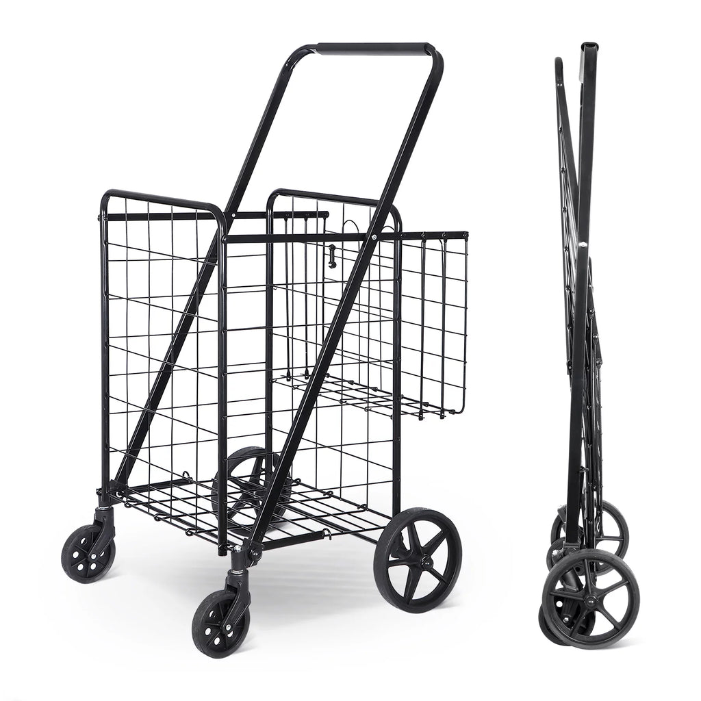Black Folding Utility Shopping Cart with Double Basket and Wheels S24030