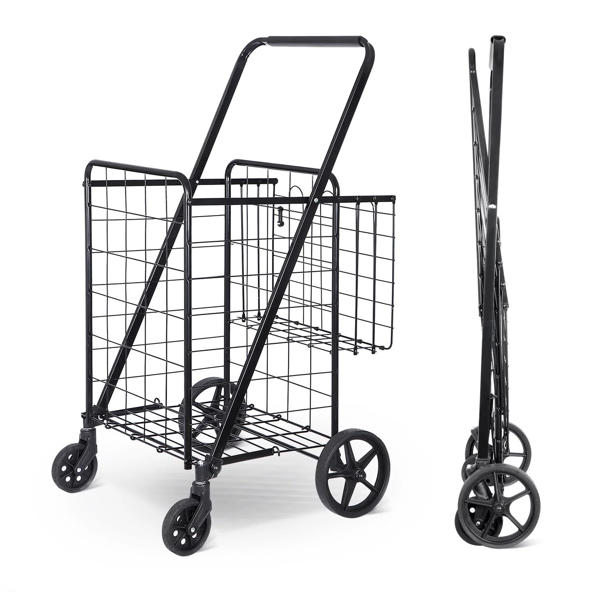 Black Folding Utility Shopping Cart with Double Basket and Wheels S24030
