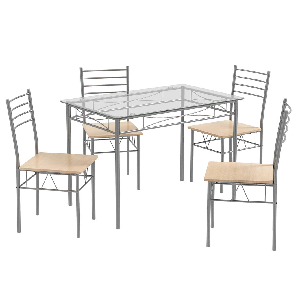 5 Piece Dining Set Table and 4 Chairs Glass Top Brown M349