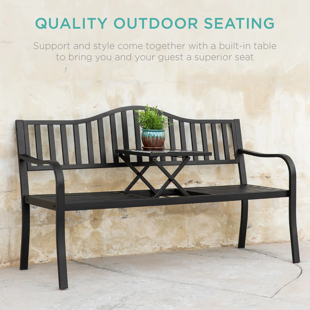Black Steel Patio Bench with Pullout Middle Table P4414