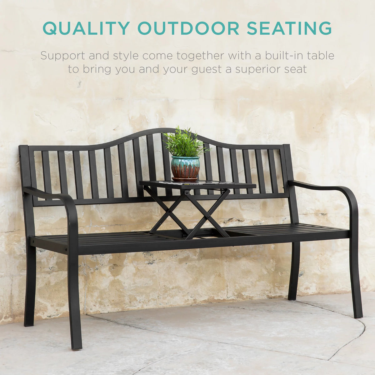 Black Steel Patio Bench with Pullout Middle Table P4414