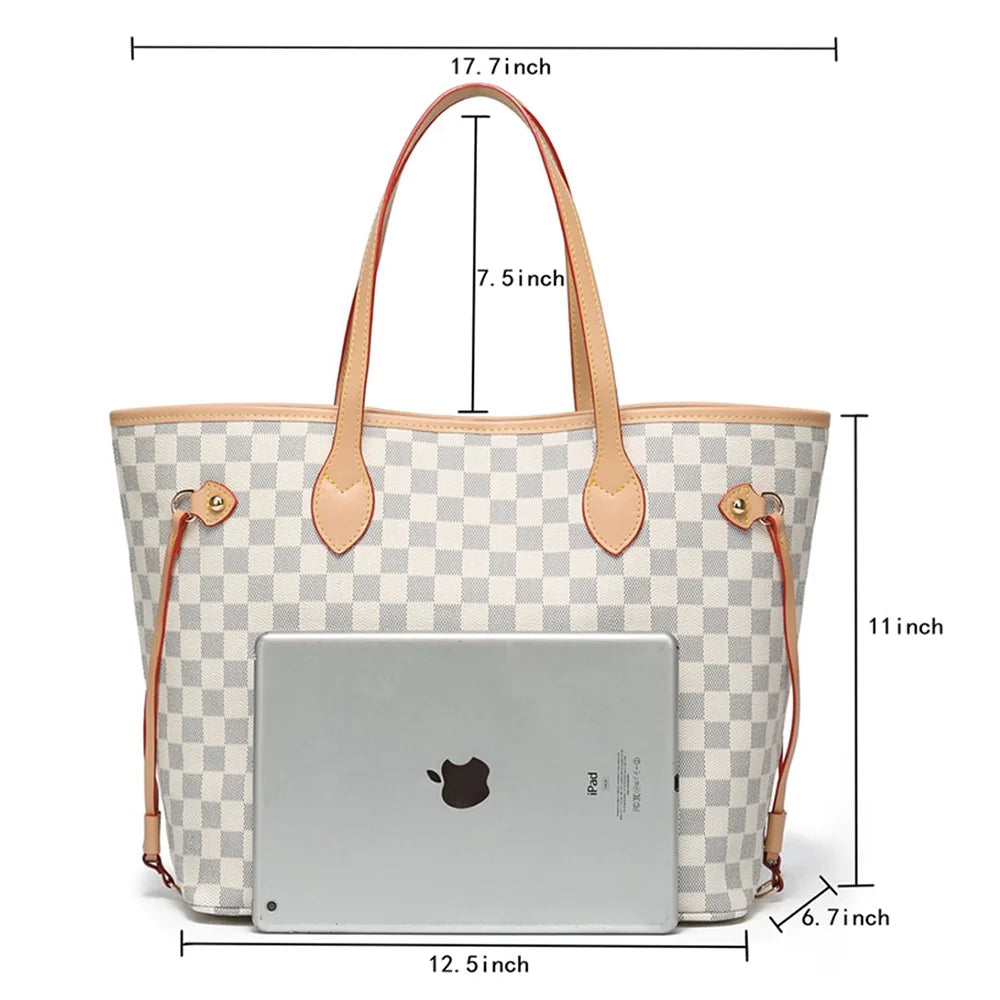 Checkered PU Leather Tote Bag with Inner Pouch K54501