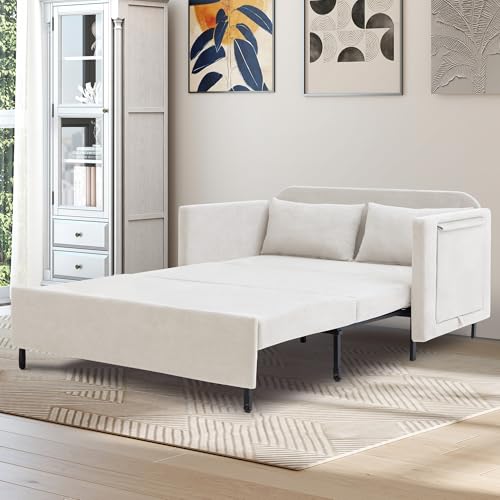 3-in-1 Sleeper Sofa Bed, 51'' Convertible Folding Couch with Pullout Bed, Chenille Futon Sleeper Sofa with Side Table and 2 Pillows, Grey F321044