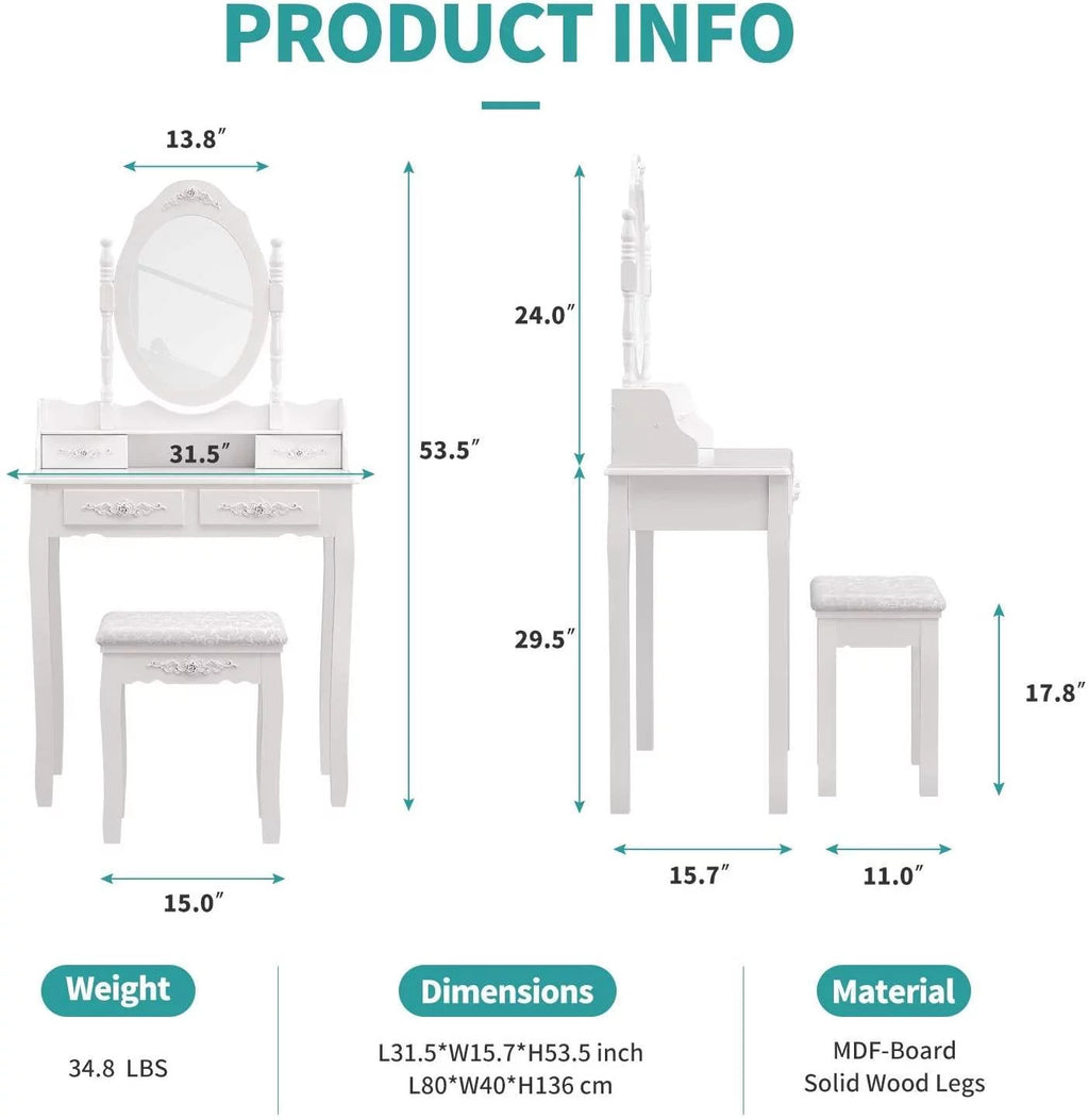 White Vanity Table and Stool Set with 4 Drawers & Mirror H34253