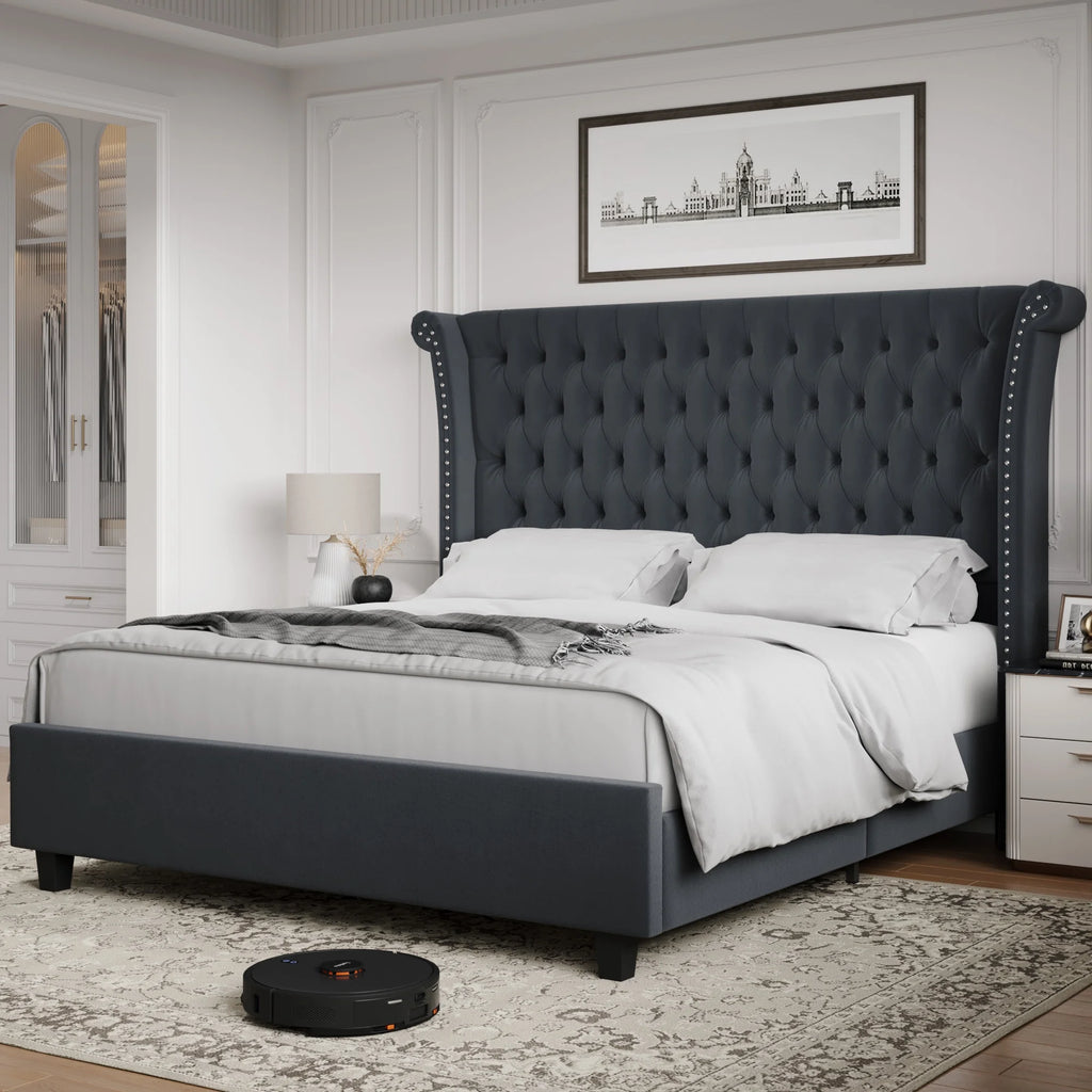 King Size Velvet Tufted Upholstered Platform Bed I2436