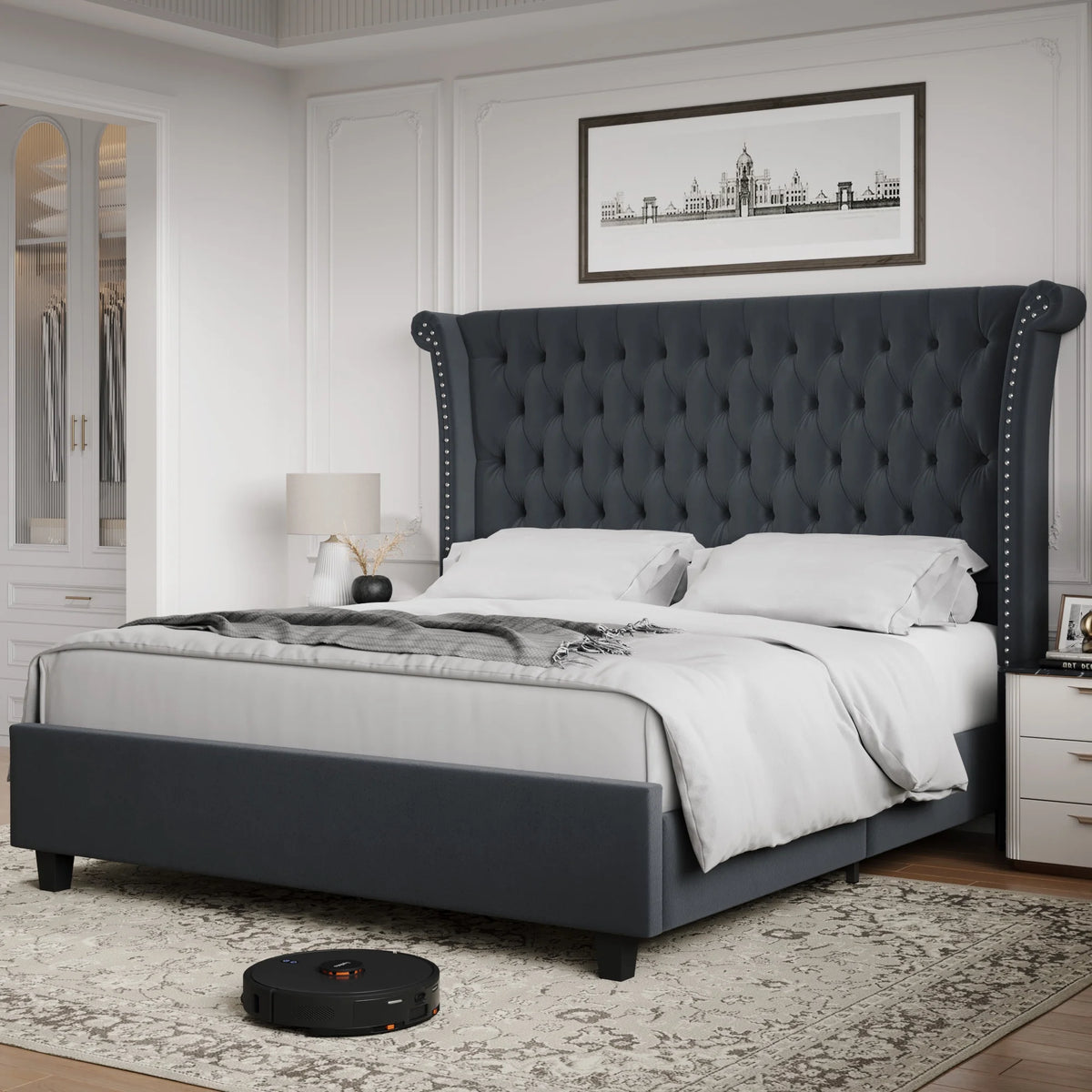 King Size Velvet Tufted Upholstered Platform Bed I2436