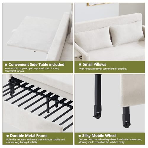 3-in-1 Sleeper Sofa Bed, 51'' Convertible Folding Couch with Pullout Bed, Chenille Futon Sleeper Sofa with Side Table and 2 Pillows, Grey F321044