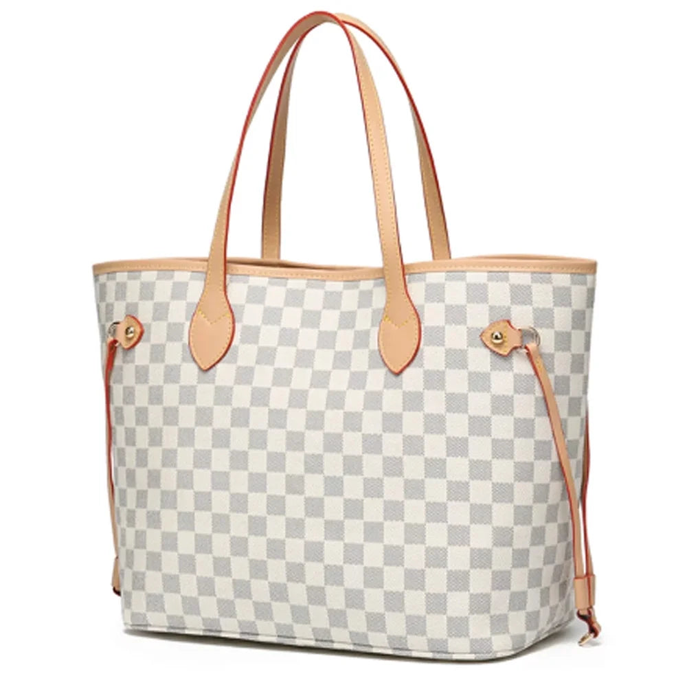Checkered PU Leather Tote Bag with Inner Pouch K54501