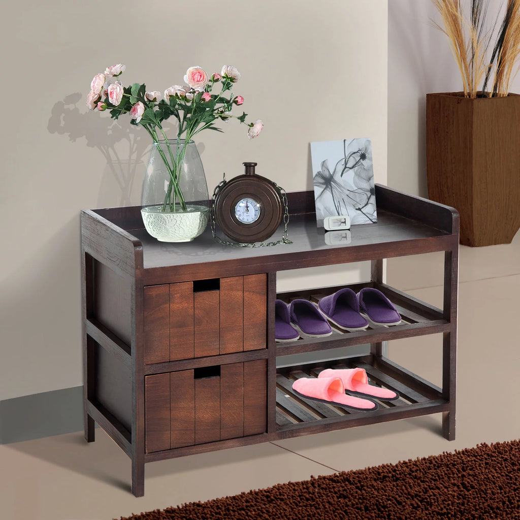 Compact Rustic Wooden Shoe Rack Bench with Drawers O9584