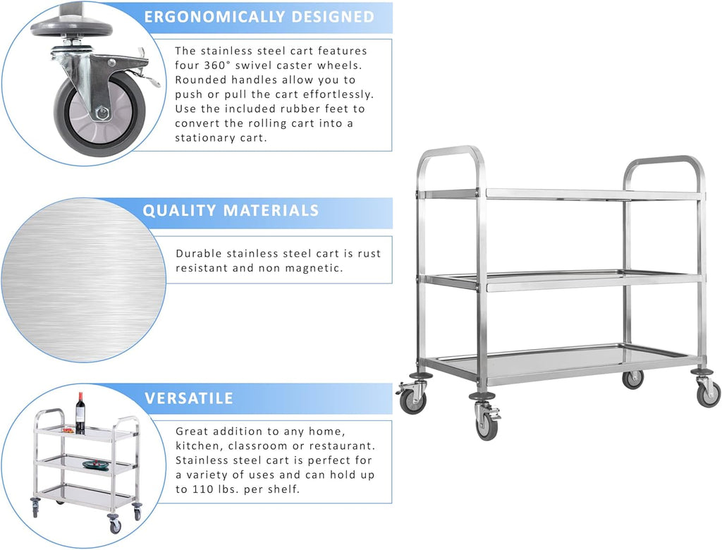 Stainless Steel 3 Tier Rolling Utility Cart with Locking Wheels U84018
