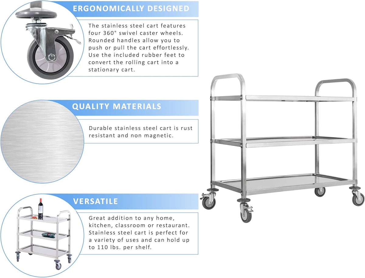 Stainless Steel 3 Tier Rolling Utility Cart with Locking Wheels U84018