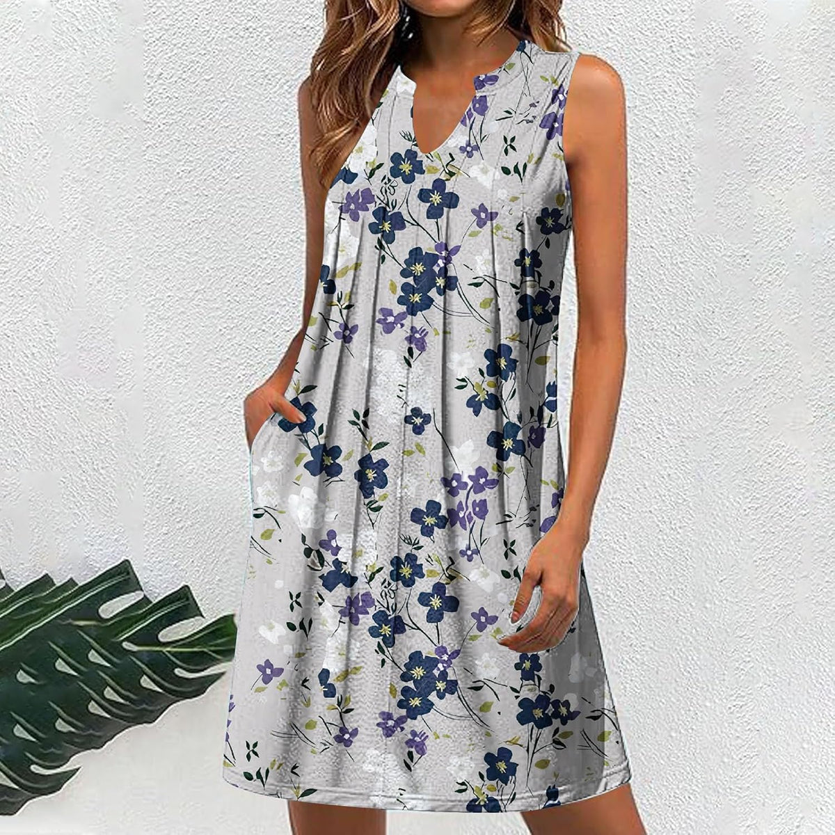 Women Casual A-Line Dress with Pockets Sleeveless V Neck Tshirt Dress Loose Pleated Flowy Dress F8600
