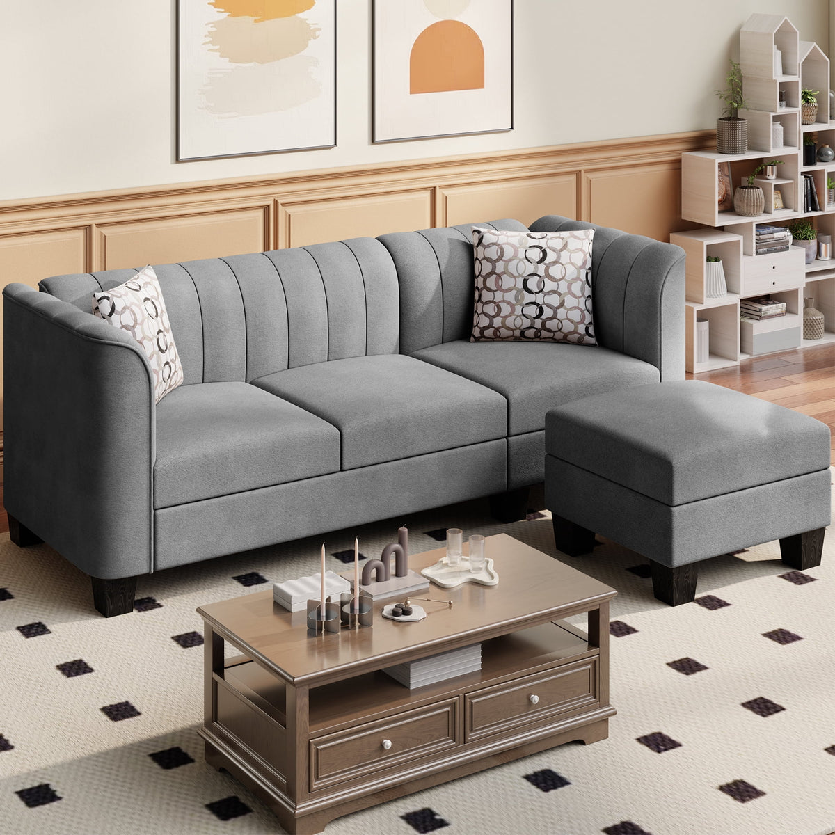 Black L Shaped Linen Fabric Sectional Sofa K34451