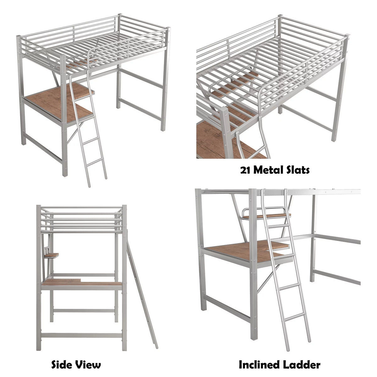 Twin Size Metal Loft Bed with Desk and Storage Shelf W384