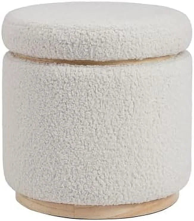 Natural Sherpa Round Ottoman with Wood Accent P90703