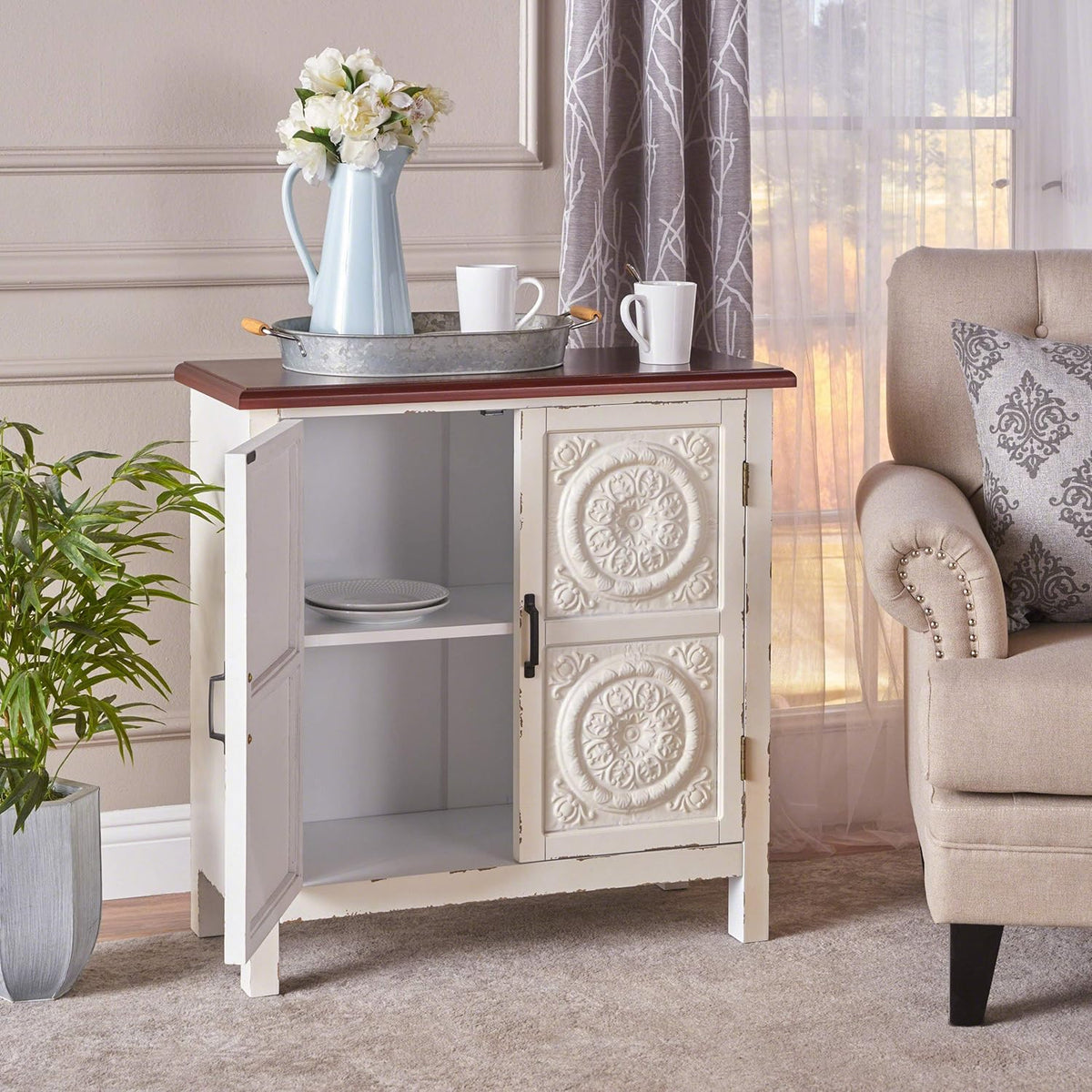 Distressed White Brown Firwood Cabinet E706402