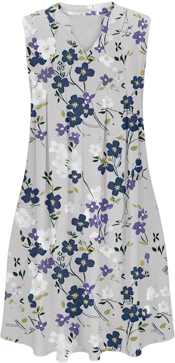 Women Casual A-Line Dress with Pockets Sleeveless V Neck Tshirt Dress Loose Pleated Flowy Dress F8600