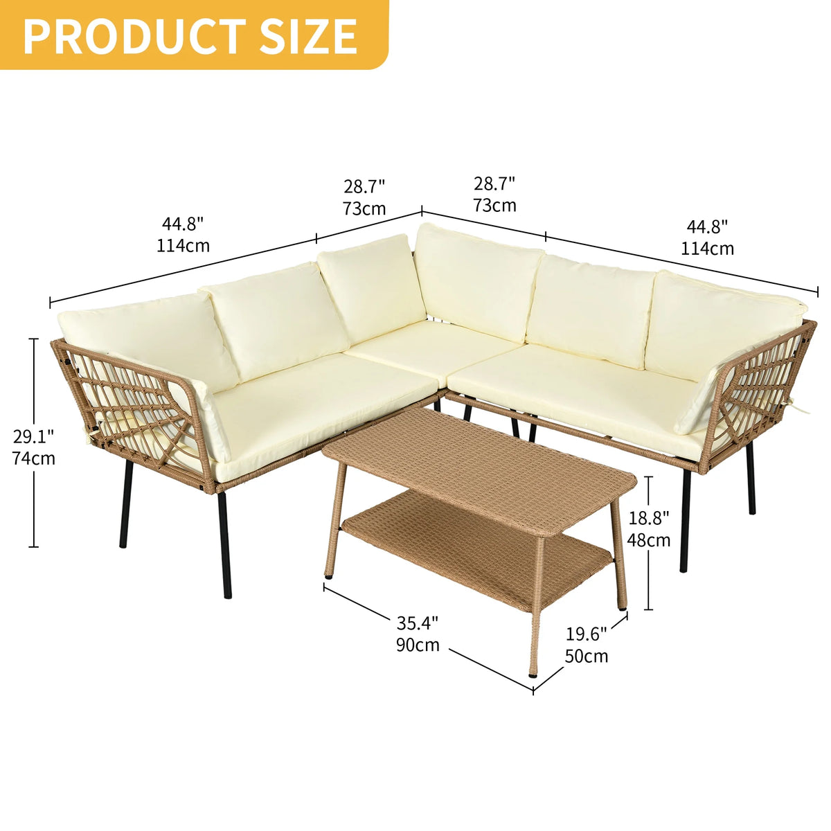 Beige Wicker L-Shaped Sofa Set with Cushions and Coffee Table A4445