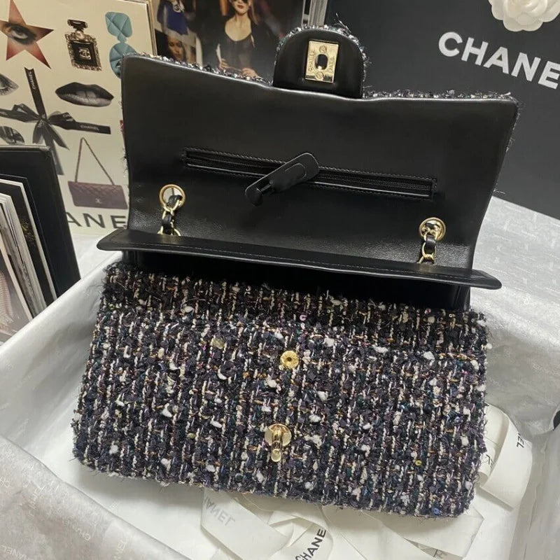 Navy Blue Multicolor Glittered Tweed Bag A347