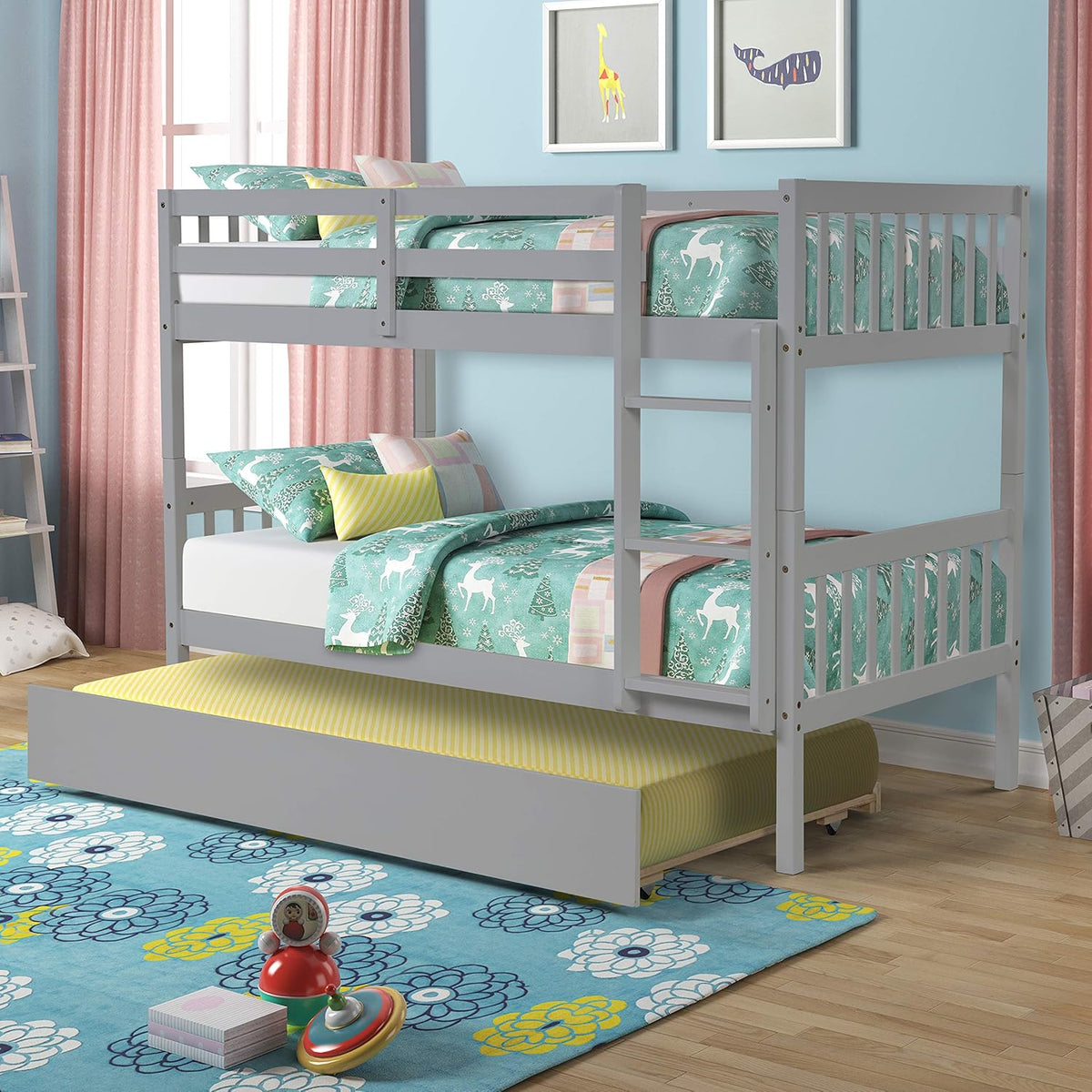 Full Over Full Pine Wood Bunk Bed with Trundle and Guardrail X740183