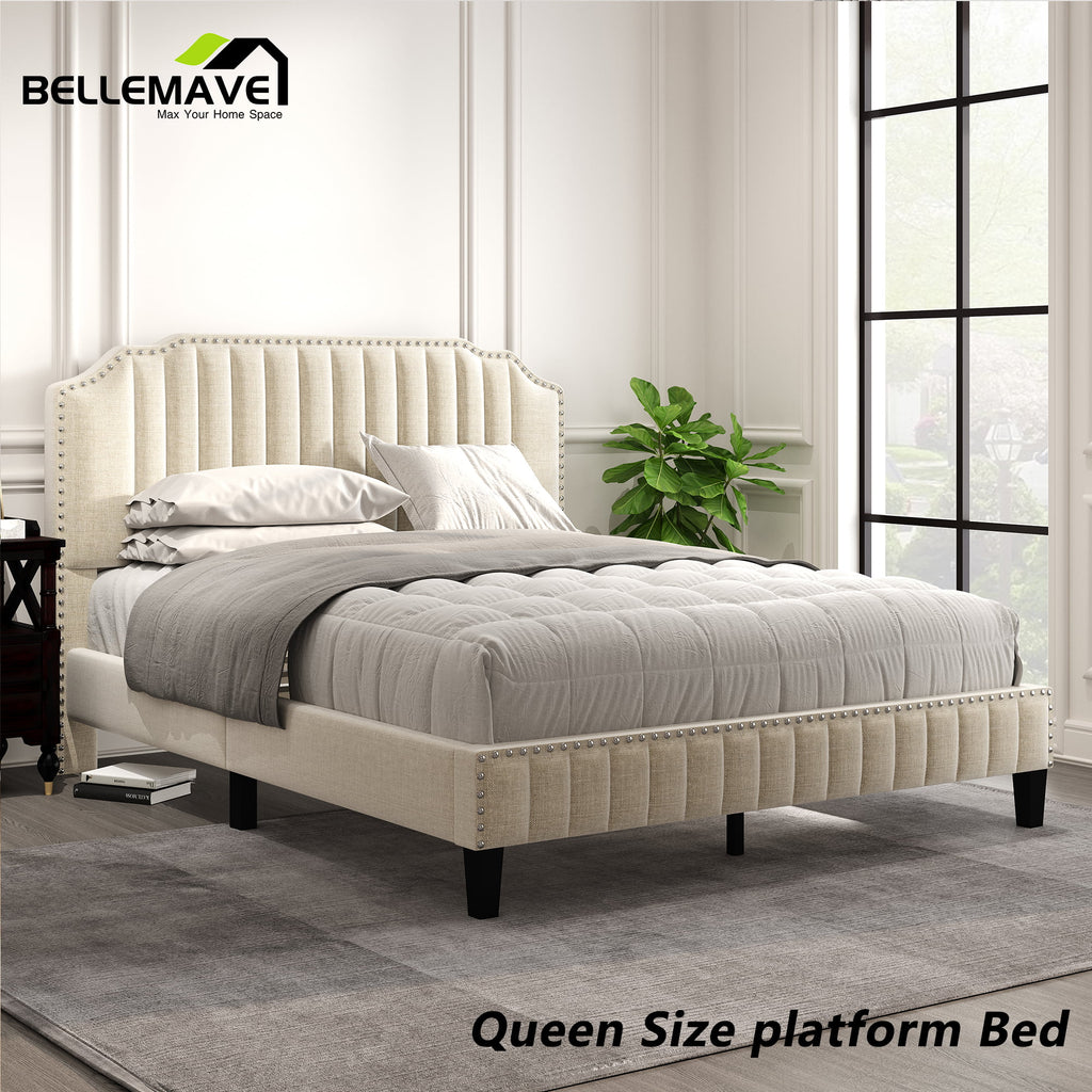 Linen Upholstered Platform Bed Frame Queen Size with Headboard W567