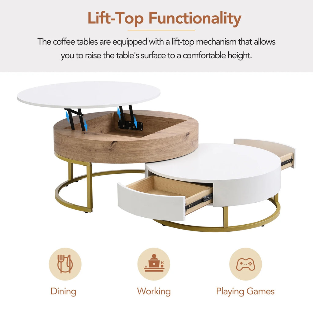 Round Lift-top Nesting Coffee Tables with 2 Drawers V802