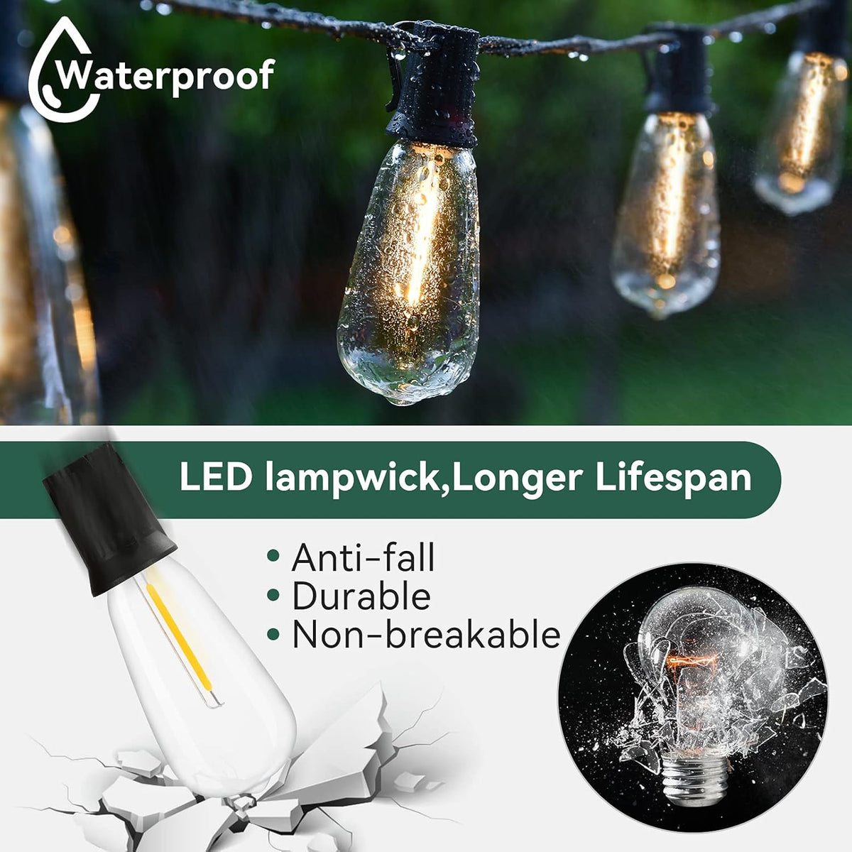 60FT 2 Pack Outdoor String Lights LED Patio Lights Waterproof with 32 Large Vintage Bulbs I90065