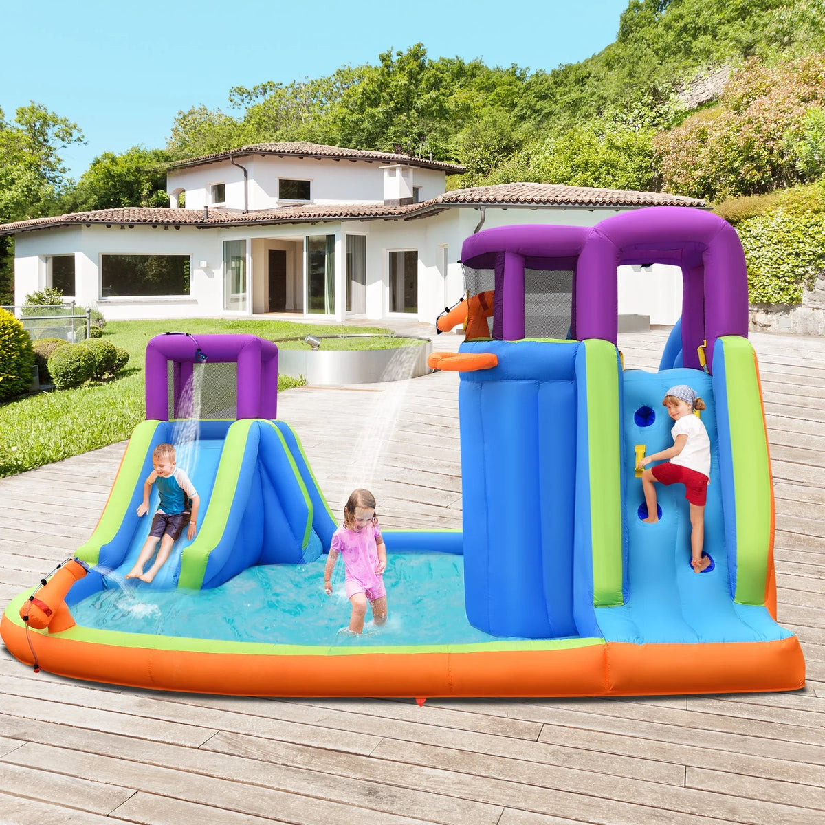 6 in 1 Inflatable Dual Slide Water Park Climbing Bouncer with 950W Blower D430