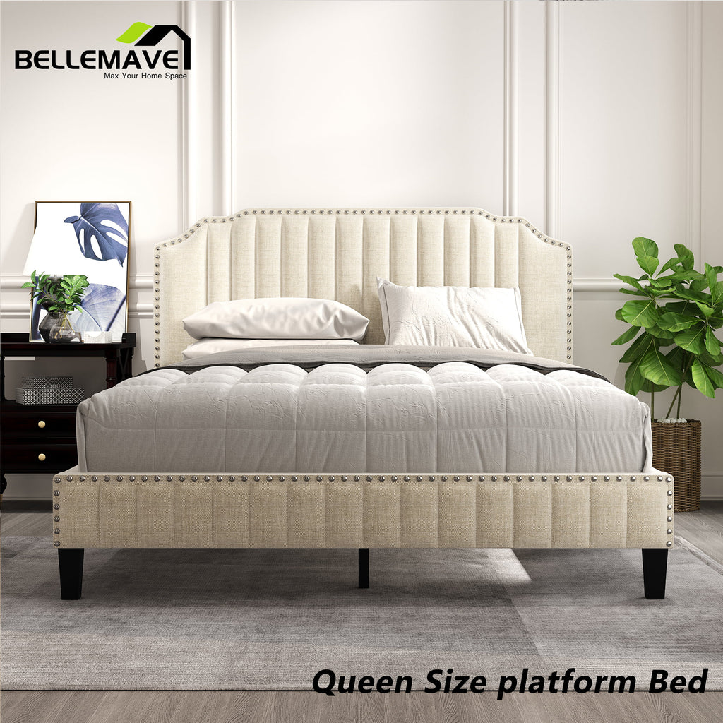 Linen Upholstered Platform Bed Frame Queen Size with Headboard W567