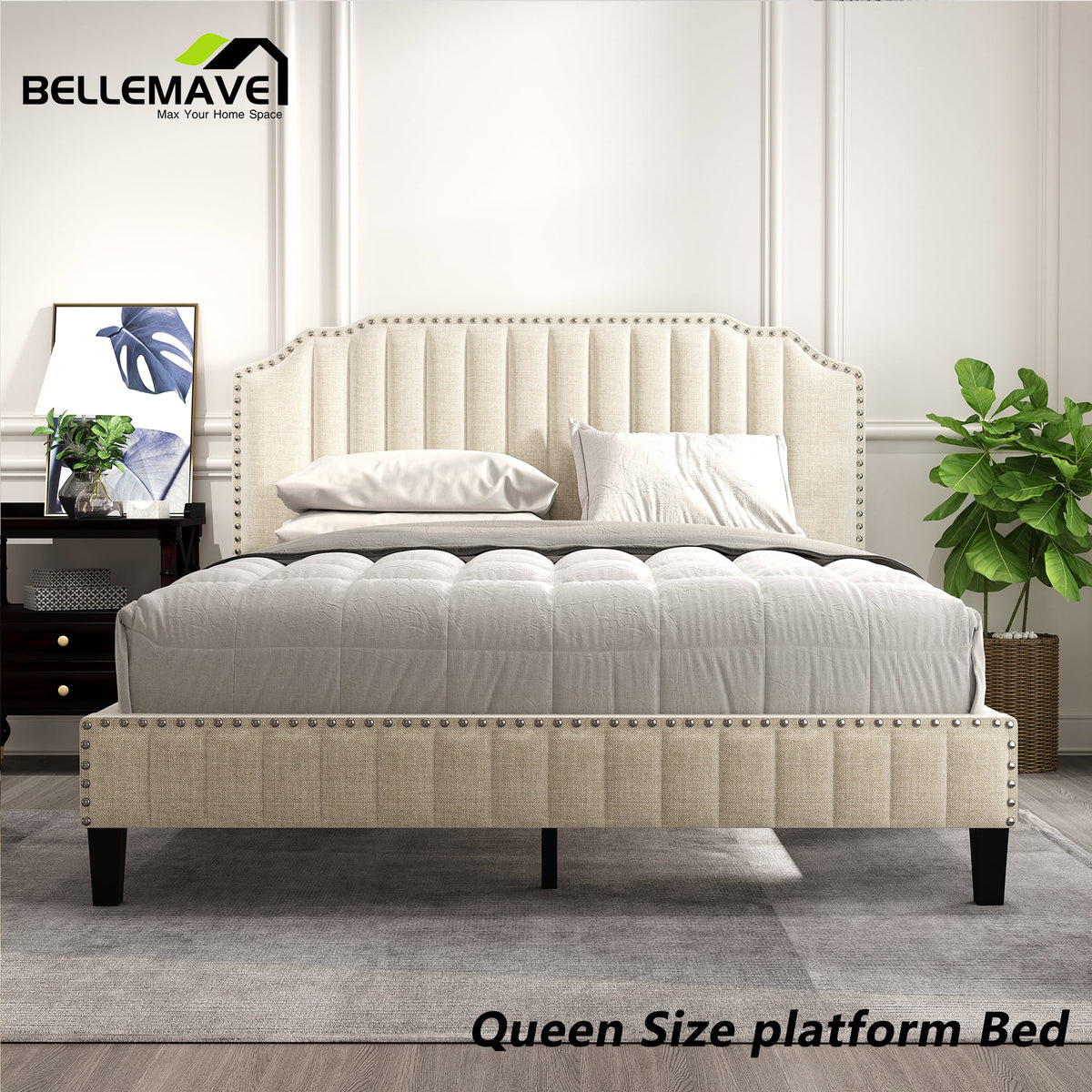 Linen Upholstered Platform Bed Frame Queen Size with Headboard W567