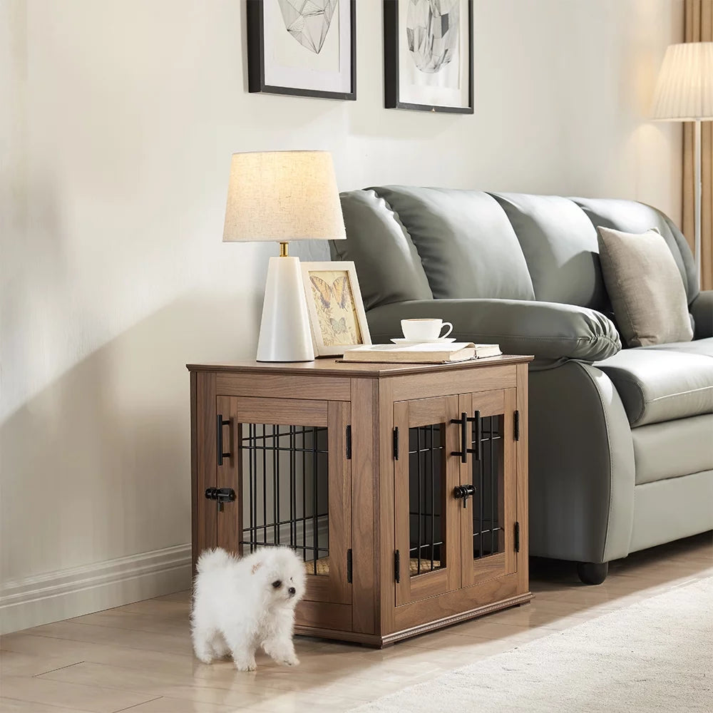 Wooden Double Doors Dog Crate with Pet Bed X36724
