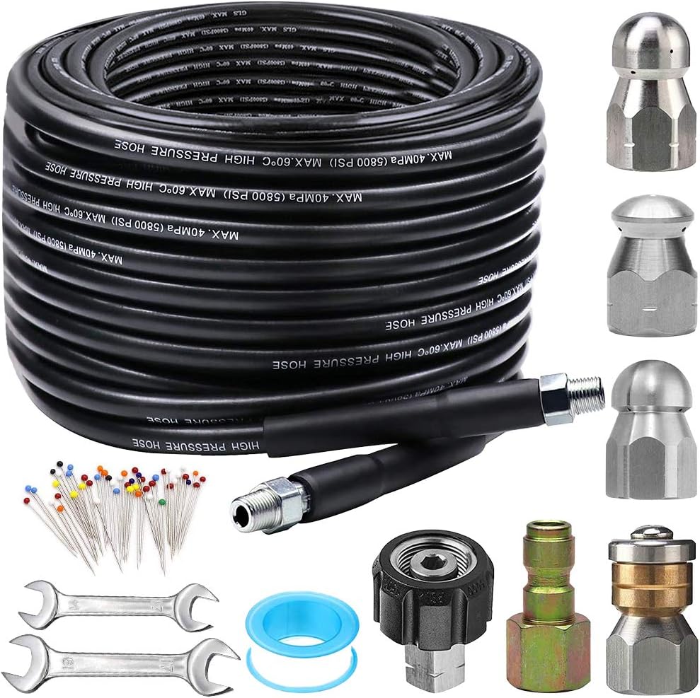 Sewer Jetter Kit for Pressure Washer 50FT, 5800PSI Drain Cleaner Hose 1/4 Inch NPT, Rotating Sewer Jetting Nozzle, Waterproof Tape Pack of 2 R172353