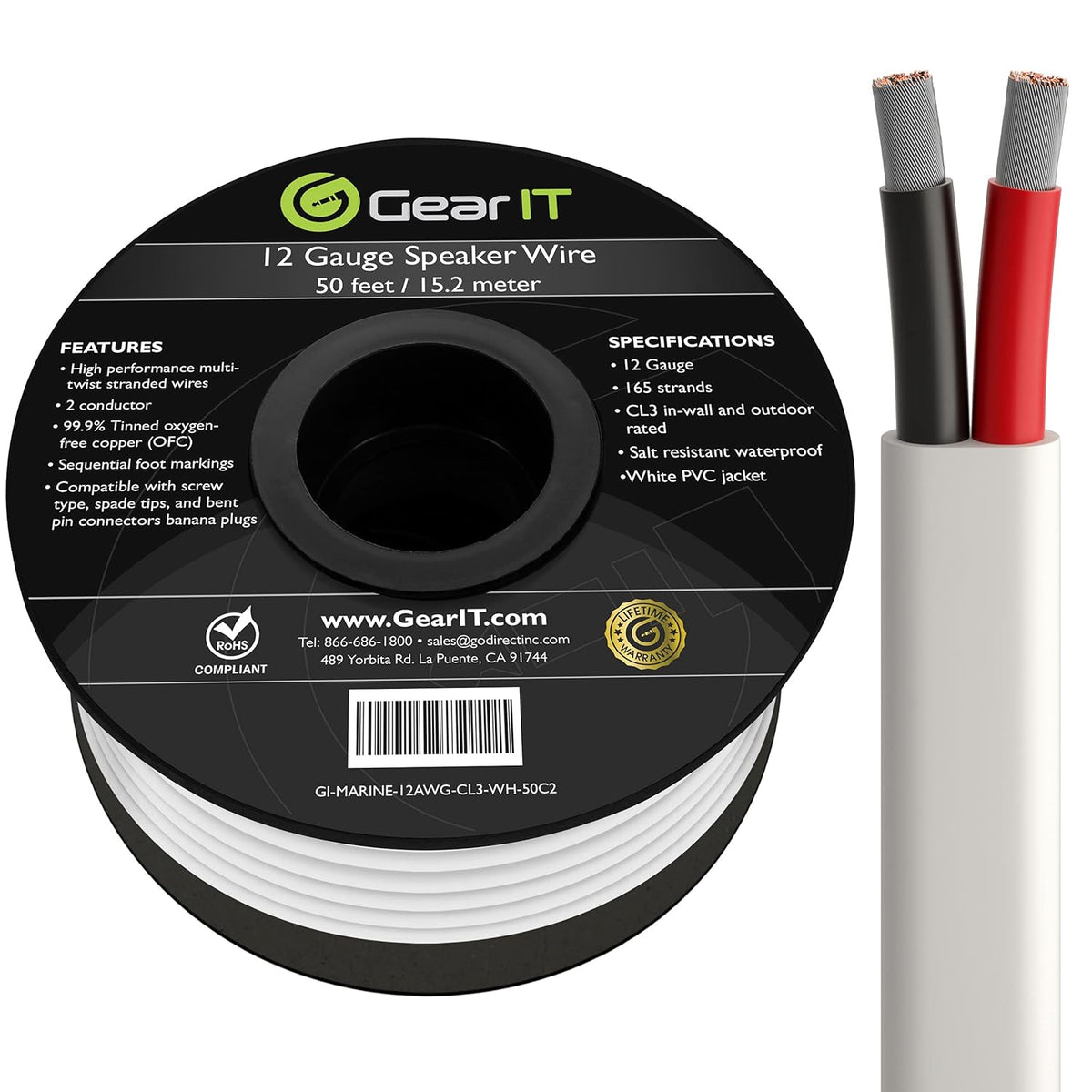 12AWG Tinned OFC Marine Grade Speaker Cable 50 Feet White D370