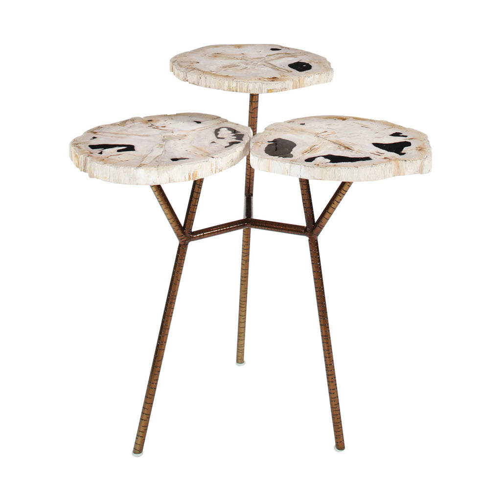 Bronze Petrified Stone 3 Tier Accent Table with Gold Base X5863
