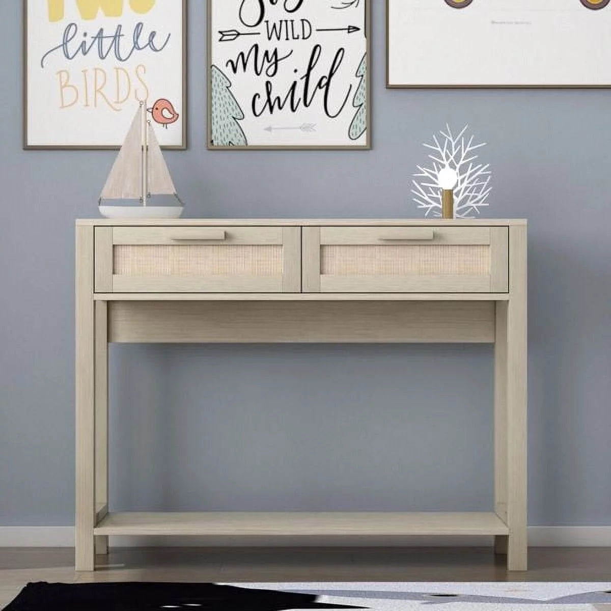 39.4" Rattan Console Table with 2 Drawers Wood Narrow F504