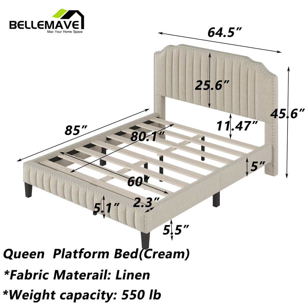 Linen Upholstered Platform Bed Frame Queen Size with Headboard W567