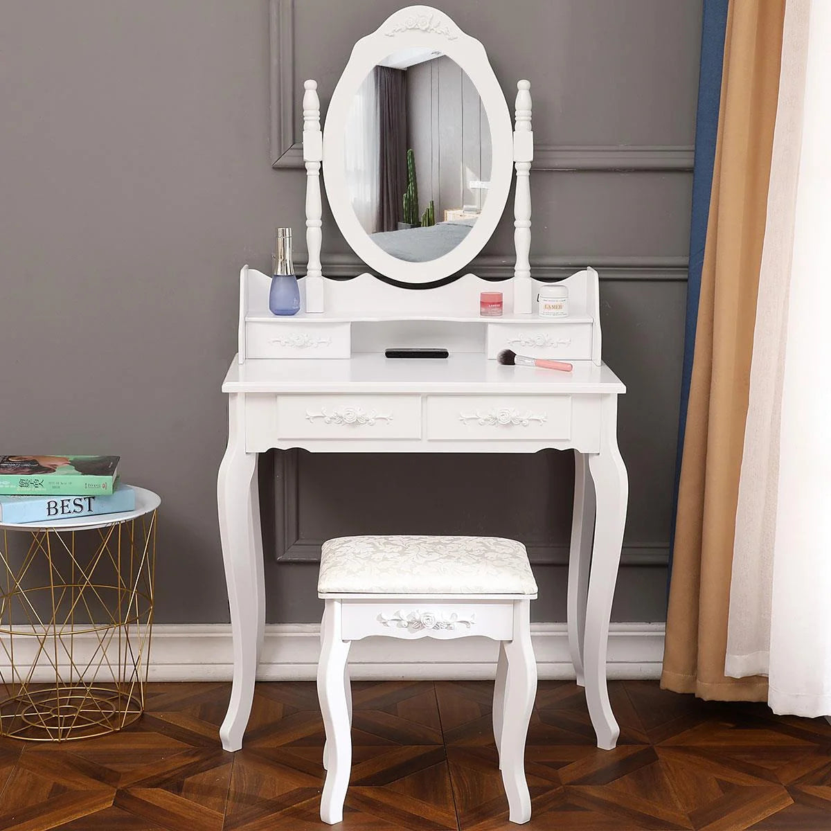 White Vanity Table and Stool Set with 4 Drawers & Mirror H34253