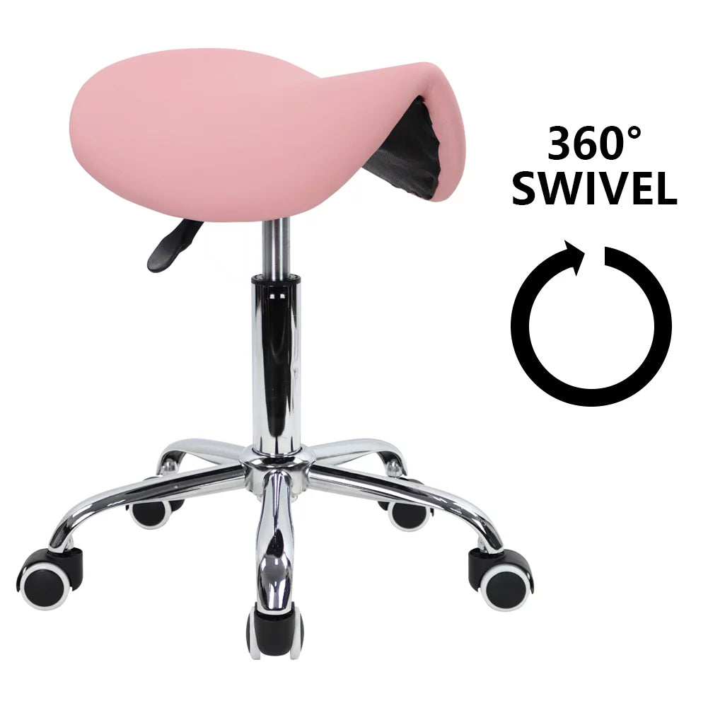 Pink PU Leather Adjustable Rolling Saddle Stool H82357