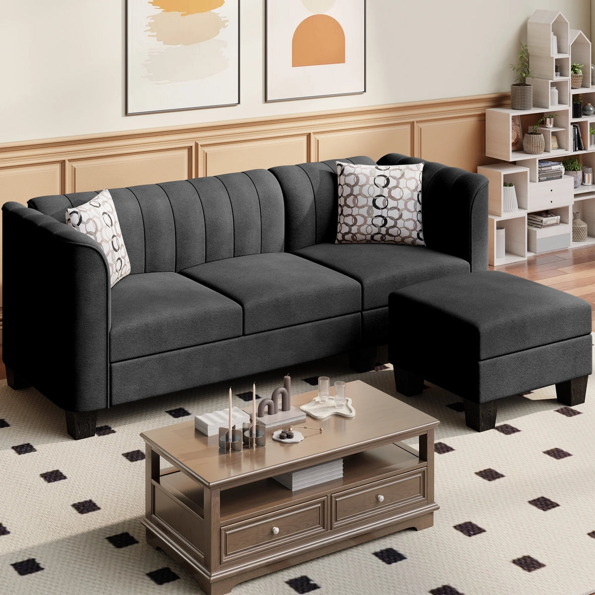 Black L Shaped Linen Fabric Sectional Sofa K34451