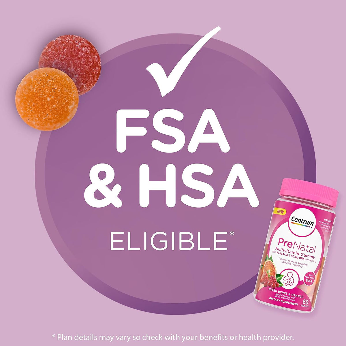 Prenatal Multivitamin Gummies with DHA and Folic Acid, Mixed Berry and Orange Flavors - 60 Count H208425